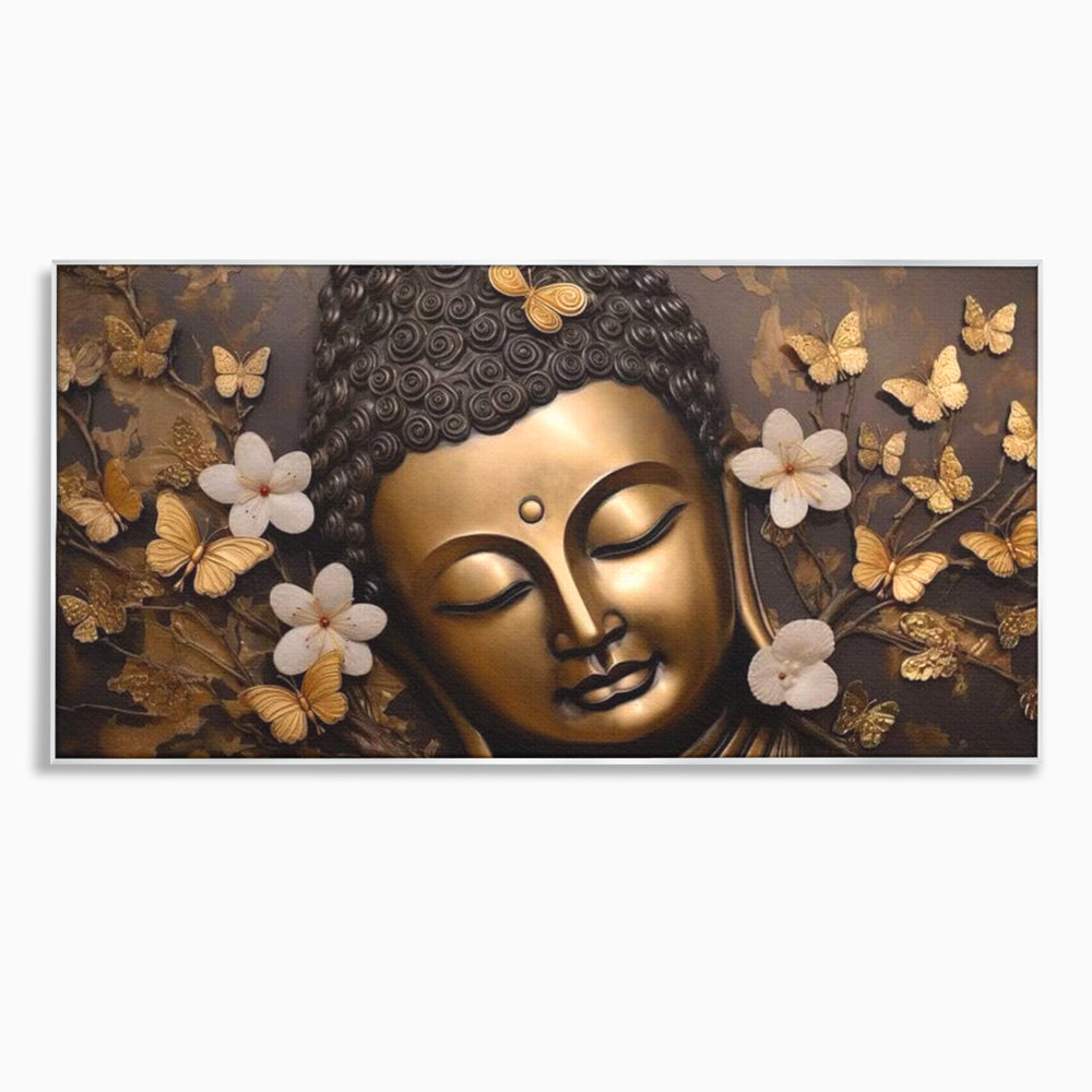 Tablou canvas cu tablou canvas cu capul lui buddha, in rama de aluminiu argintiu